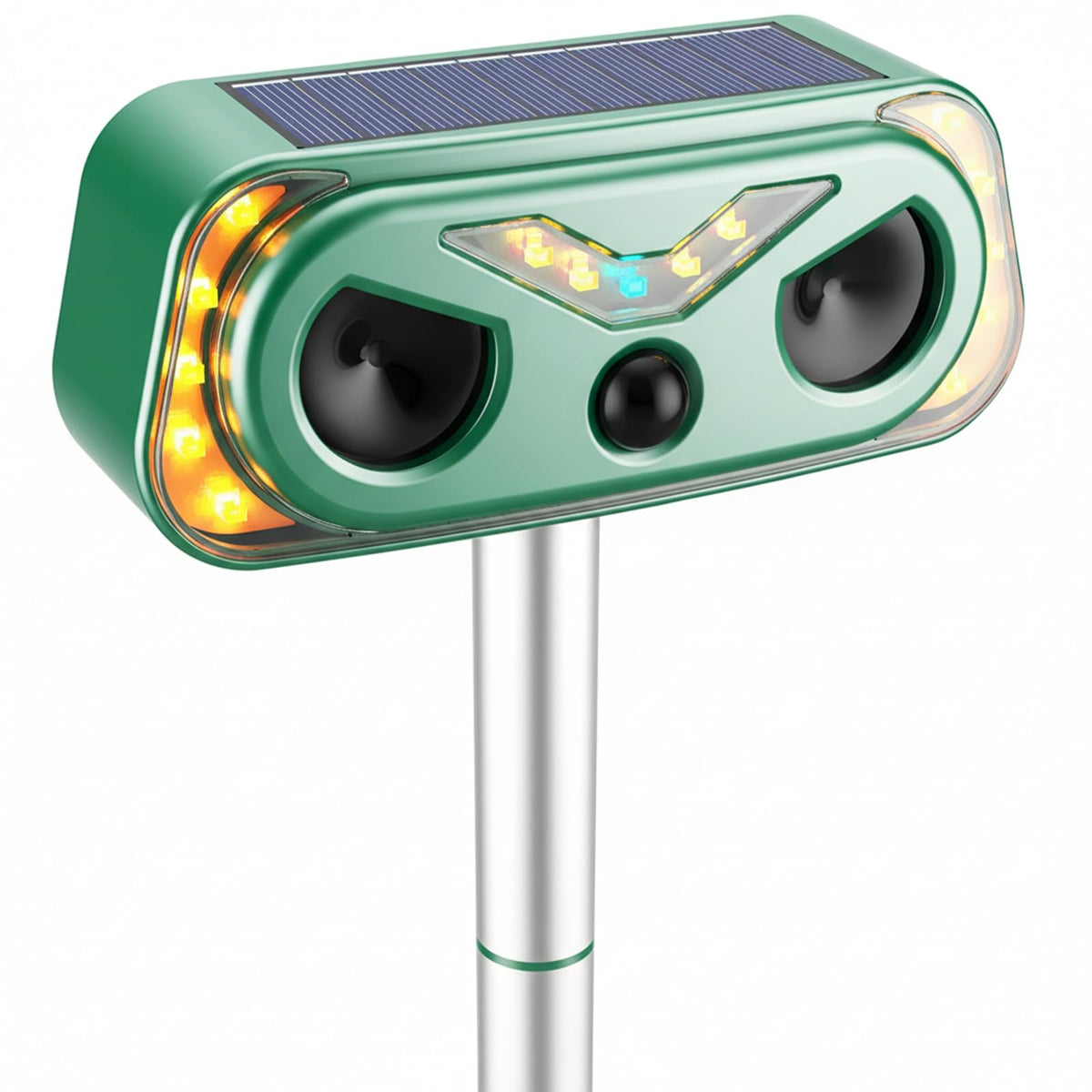 WonderMar solar ultrasonic animal repellent front view protects gardens from wildlife.
