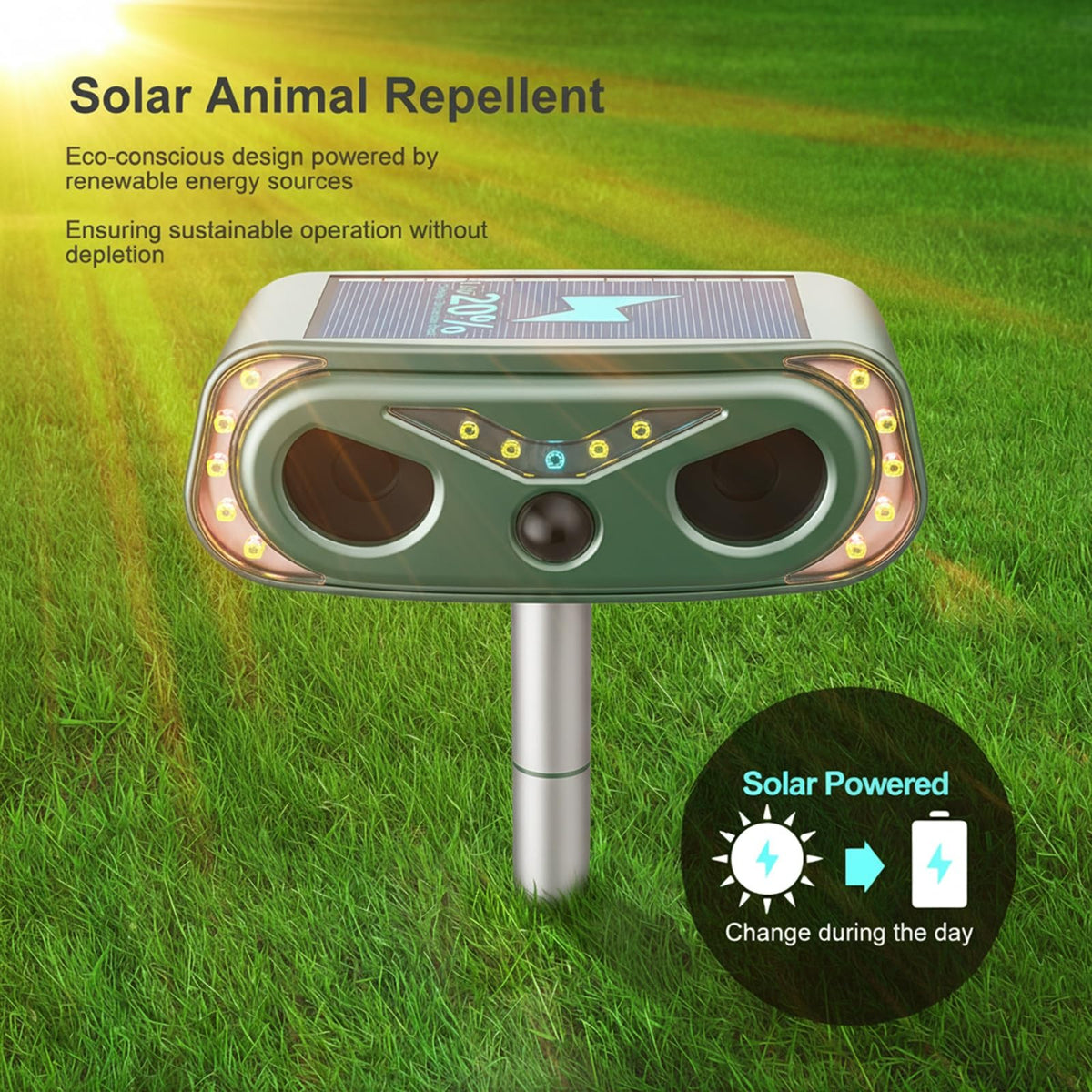 WonderMar solar ultrasonic animal repellent LED flash lights deter wildlife at night.