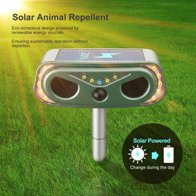 WonderMar solar ultrasonic animal repellent LED flash lights deter wildlife at night.
