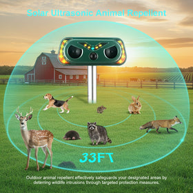 WonderMar solar ultrasonic animal repellent motion sensor detects movement for deterrence.