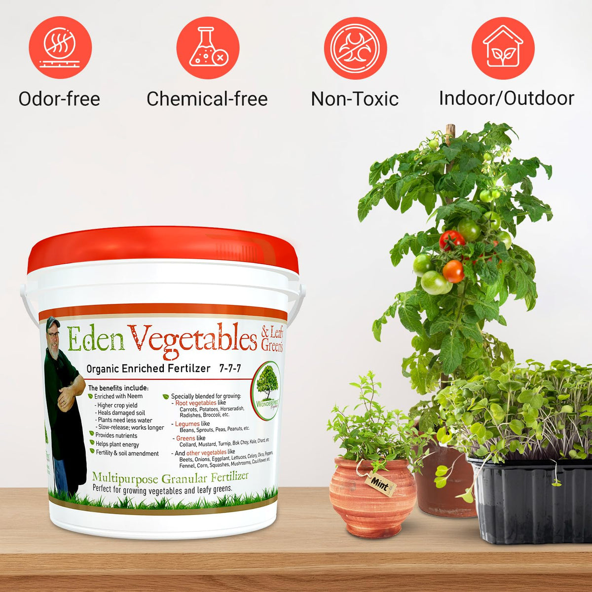 WonderTree Eden fertilizer label highlights 7-7-7 balance for leafy greens