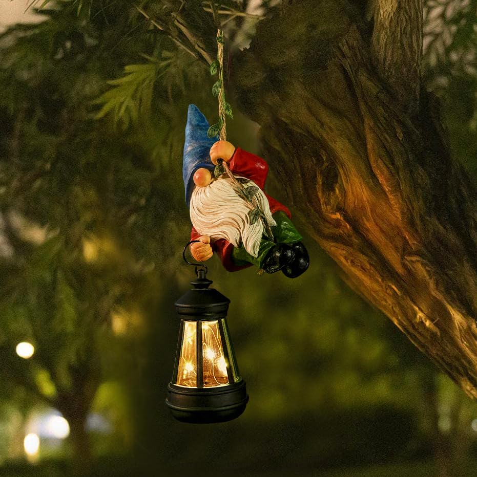 WONDHOME solar hanging gnome with LED lantern lights outdoor spaces at dusk