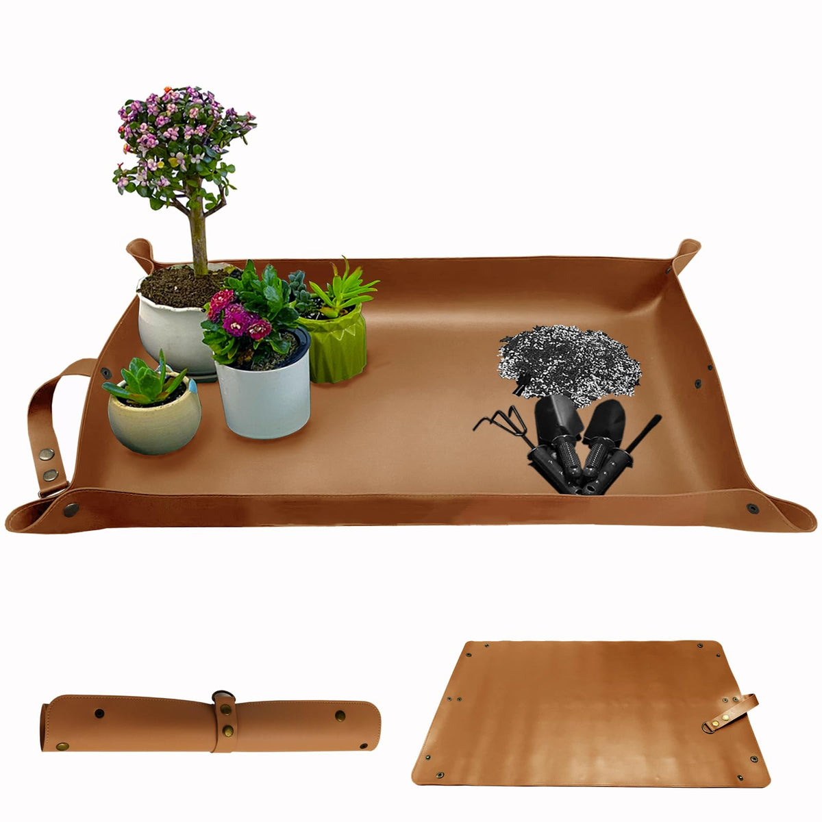 WondMall Plant Repotting Mat 30x18 brown, contains soil during potting