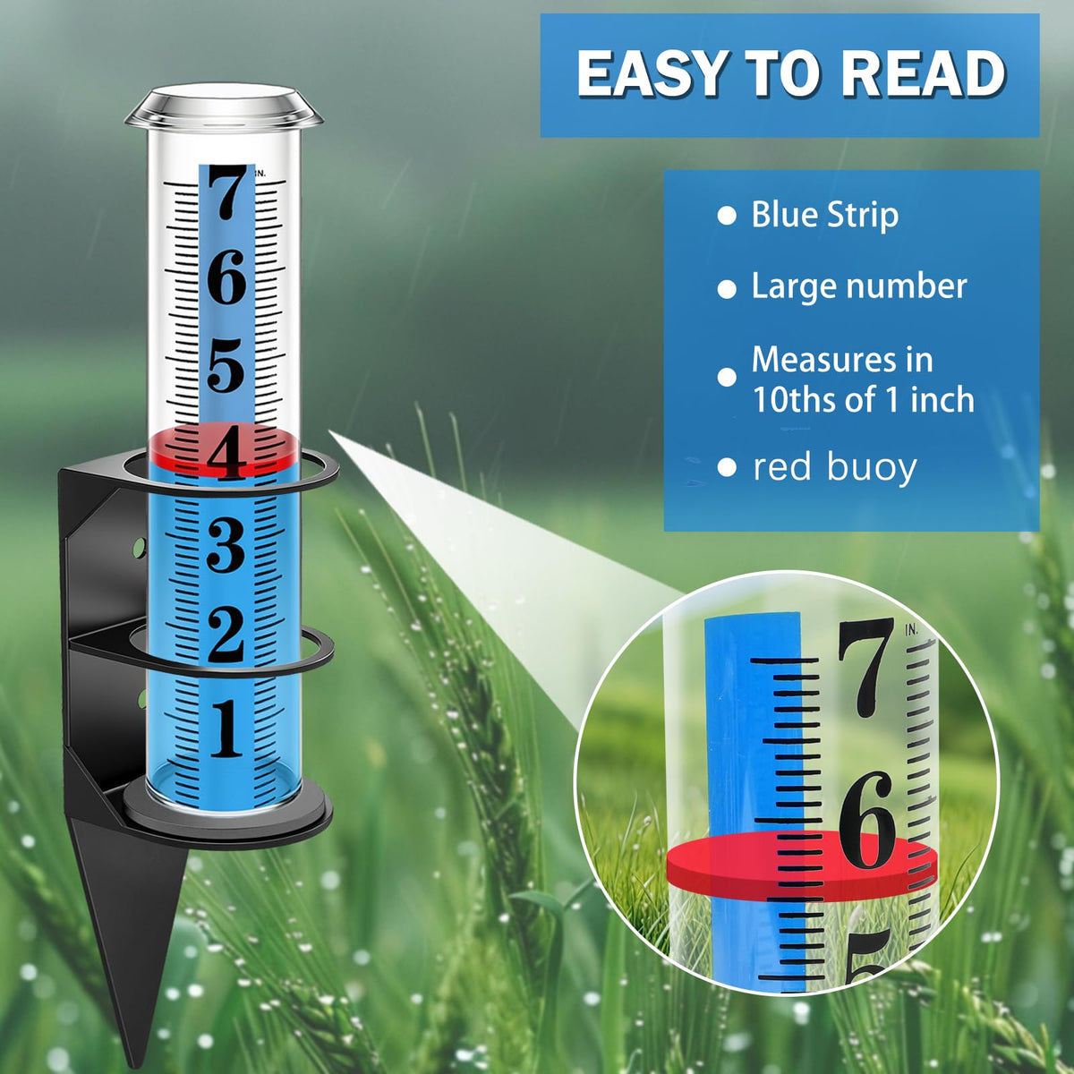 WondMall red float inside tube enhances readability of rainfall measurements