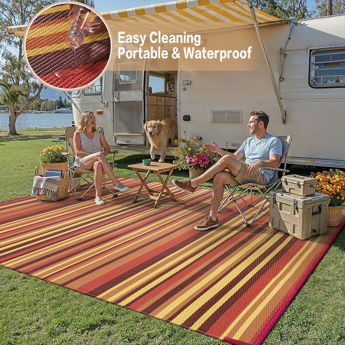 WondRg easy-clean outdoor rug; sweep or rinse to refresh after use.