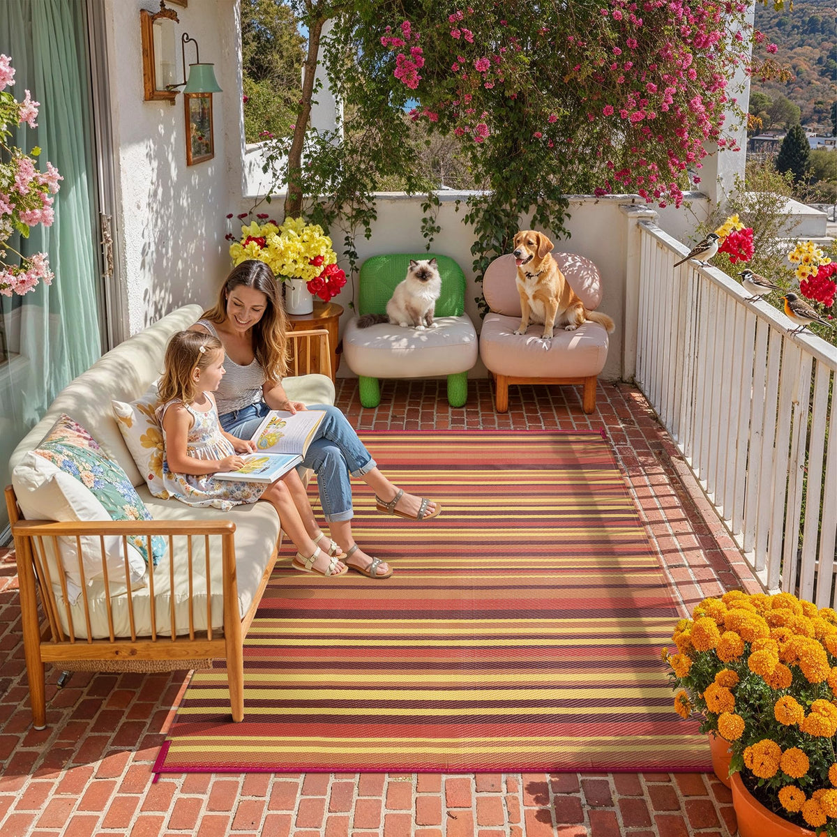 WondRg rug on patio deck adds vivid red-orange stripes for sunny gatherings