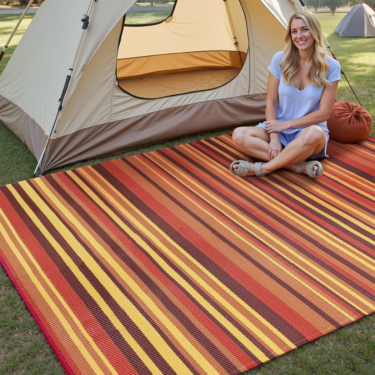 WondRg waterproof striped rug on deck; easy to rinse for quick cleanup.