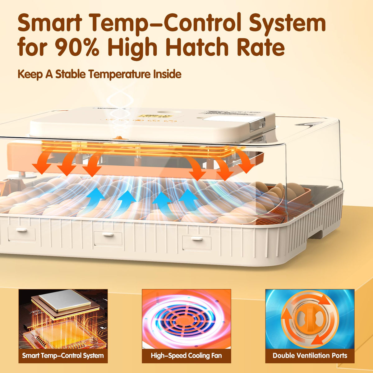 WONEGG 56-egg incubator top view highlighting accessible controls and transparent lid