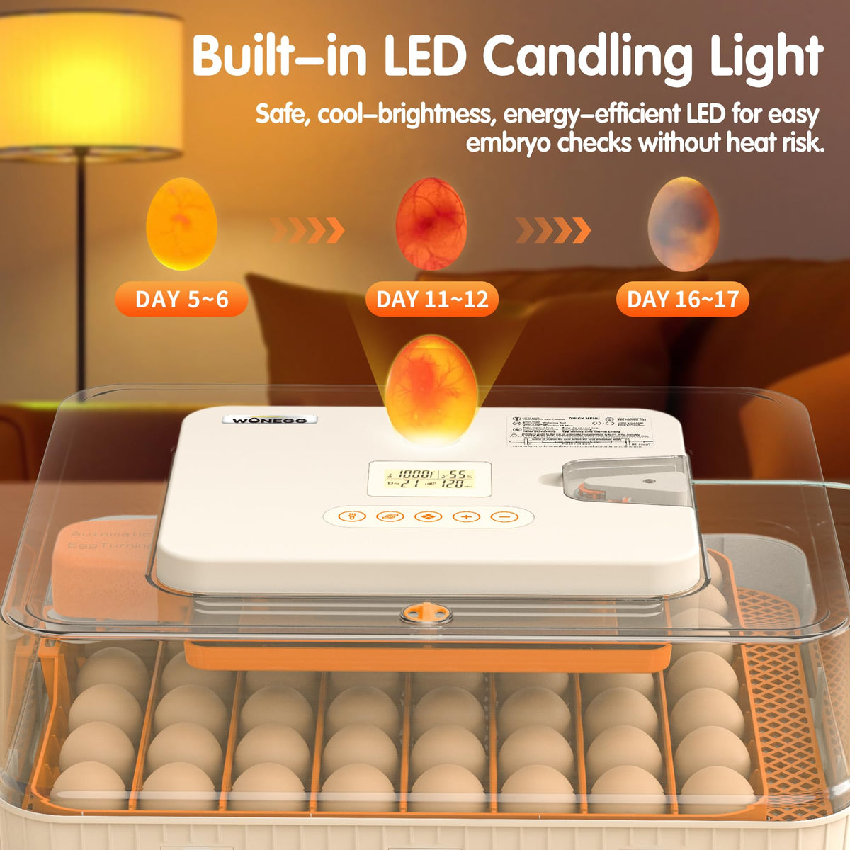 WONEGG gentle horizontal auto-turner rotates eggs smoothly.