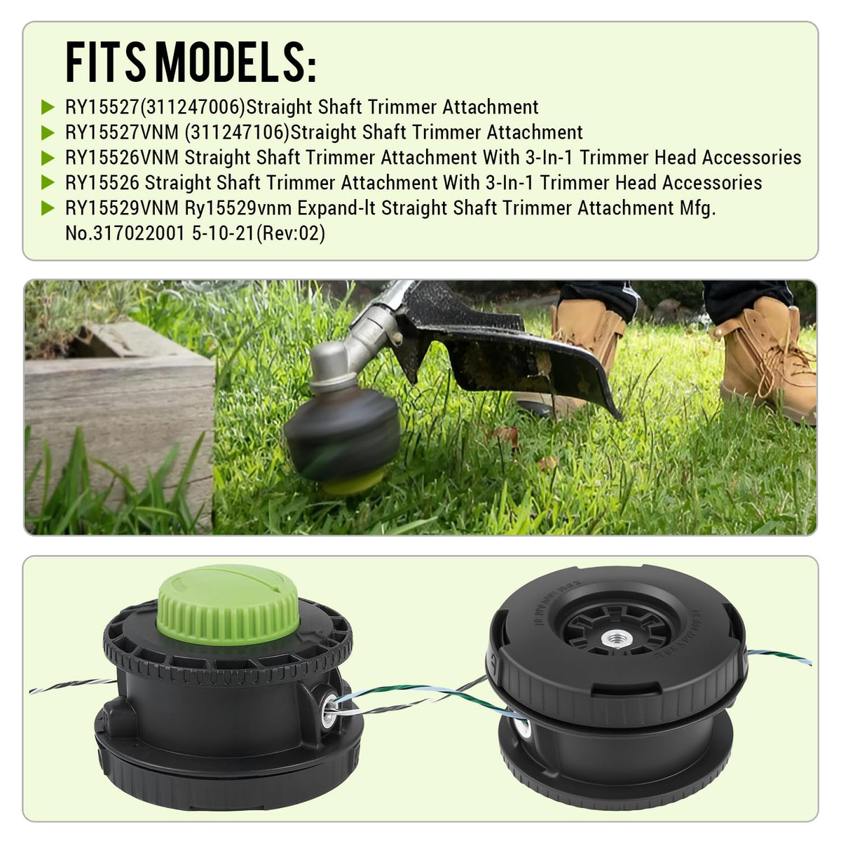 Ryobi-compatible head mounted on straight-shaft trimmer for versatile use
