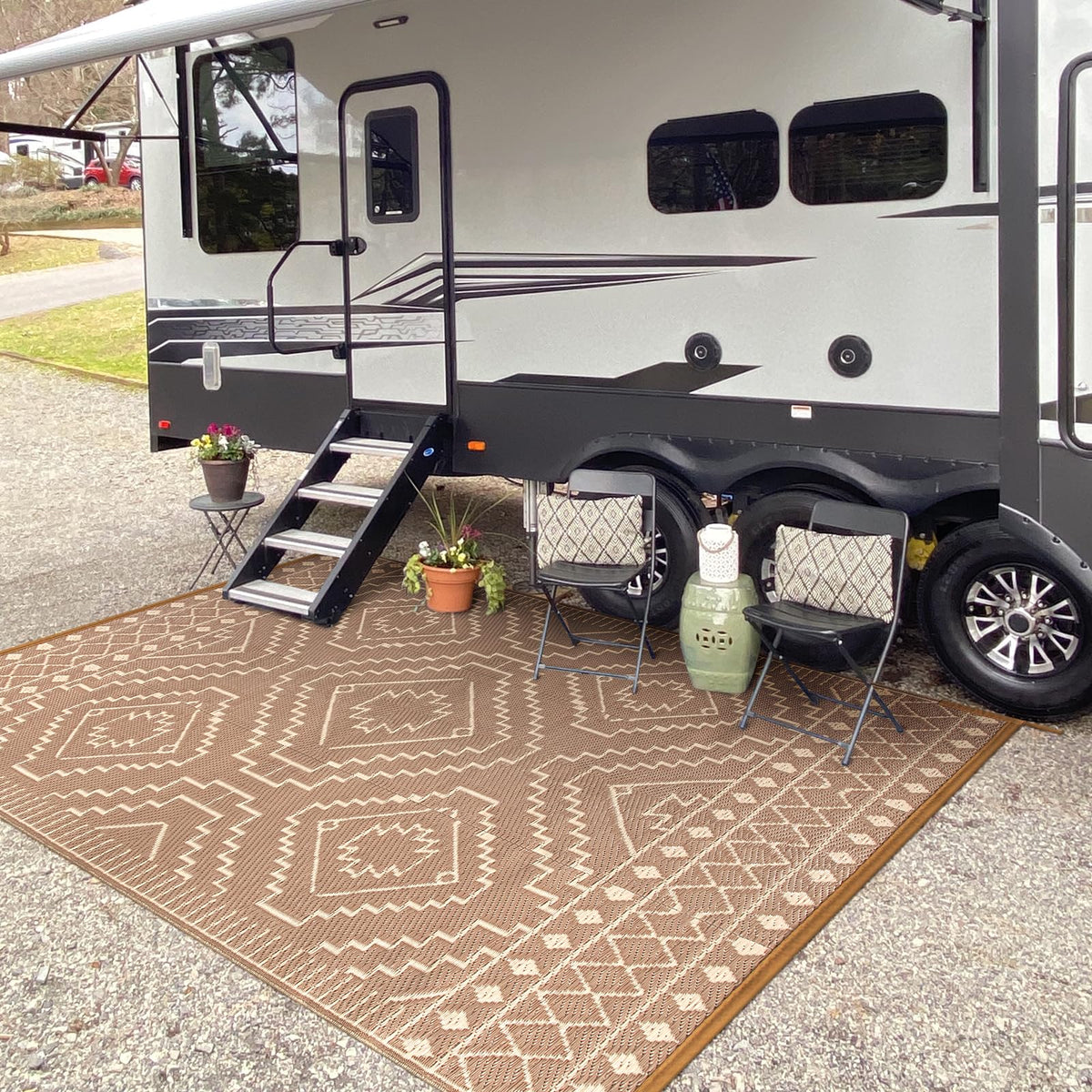 Wonnitar beige and brown rug complements outdoor spaces