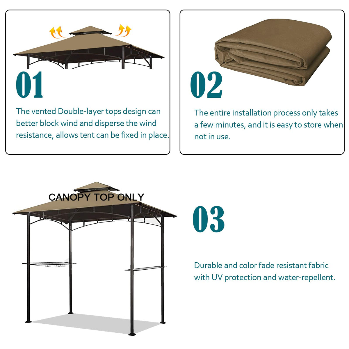 Water-repellent fabric resists drizzle for post-rain gatherings.
