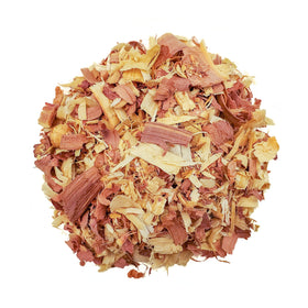 Wood Smith USA cedar shavings hanging planters highlight decorative and practical mulch.