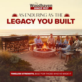 Woodhaven 8-Foot Firewood Rack front view shows ample space for half-cord of logs.
