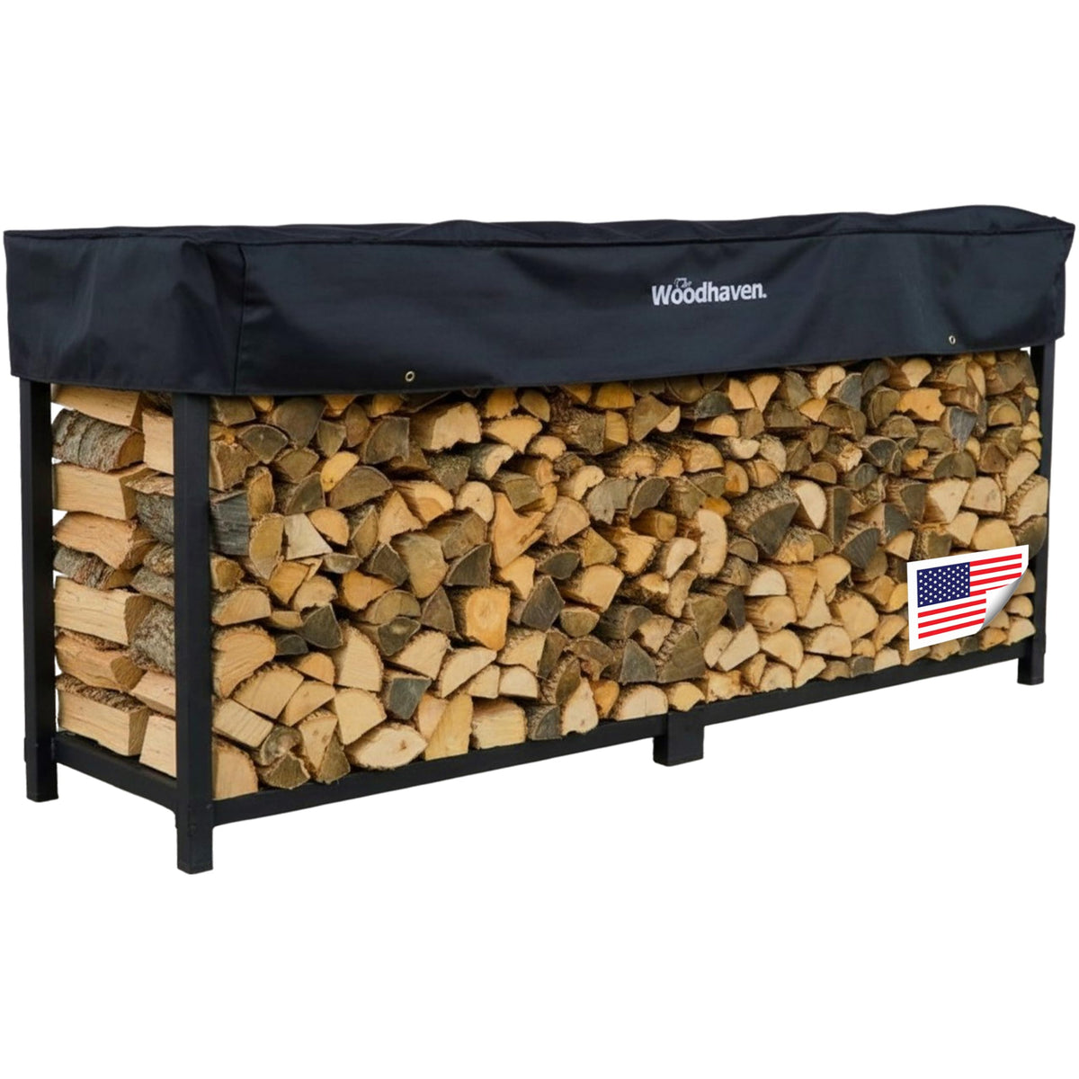 Woodhaven 8-Foot Firewood Rack side profile highlights sturdy steel construction for durable outdoor storage.