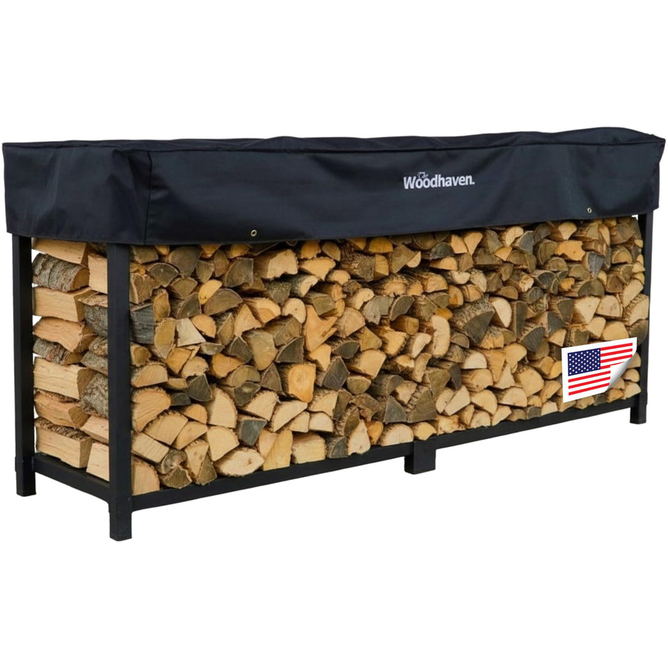 Woodhaven 8-Foot Firewood Rack side profile highlights sturdy steel construction for durable outdoor storage.
