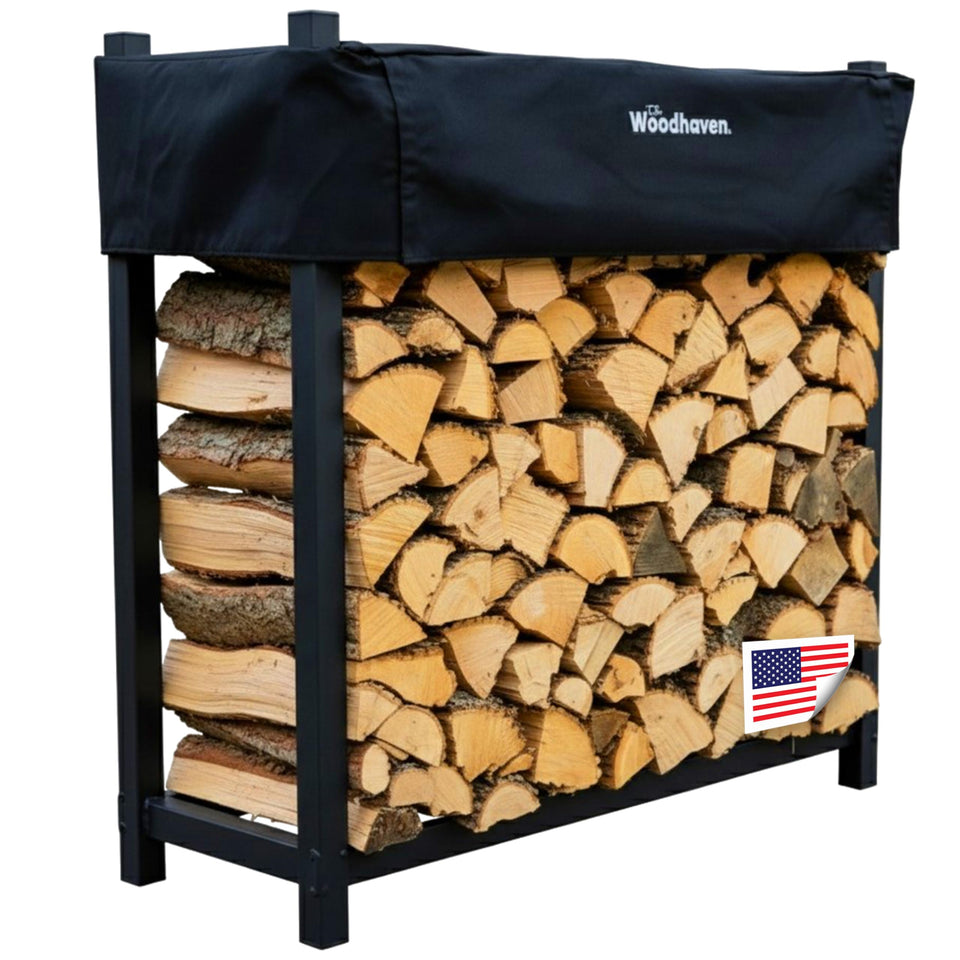 Woodhaven Black 4ft log rack with cover keeps firewood dry and ready to burn.