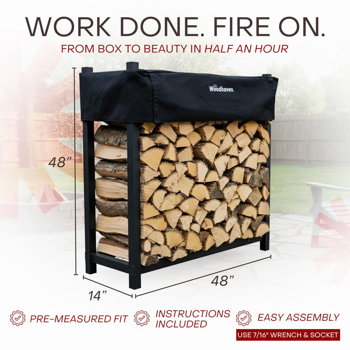 Woodhaven seasoning cover shields logs from rain, helping keep wood dry.