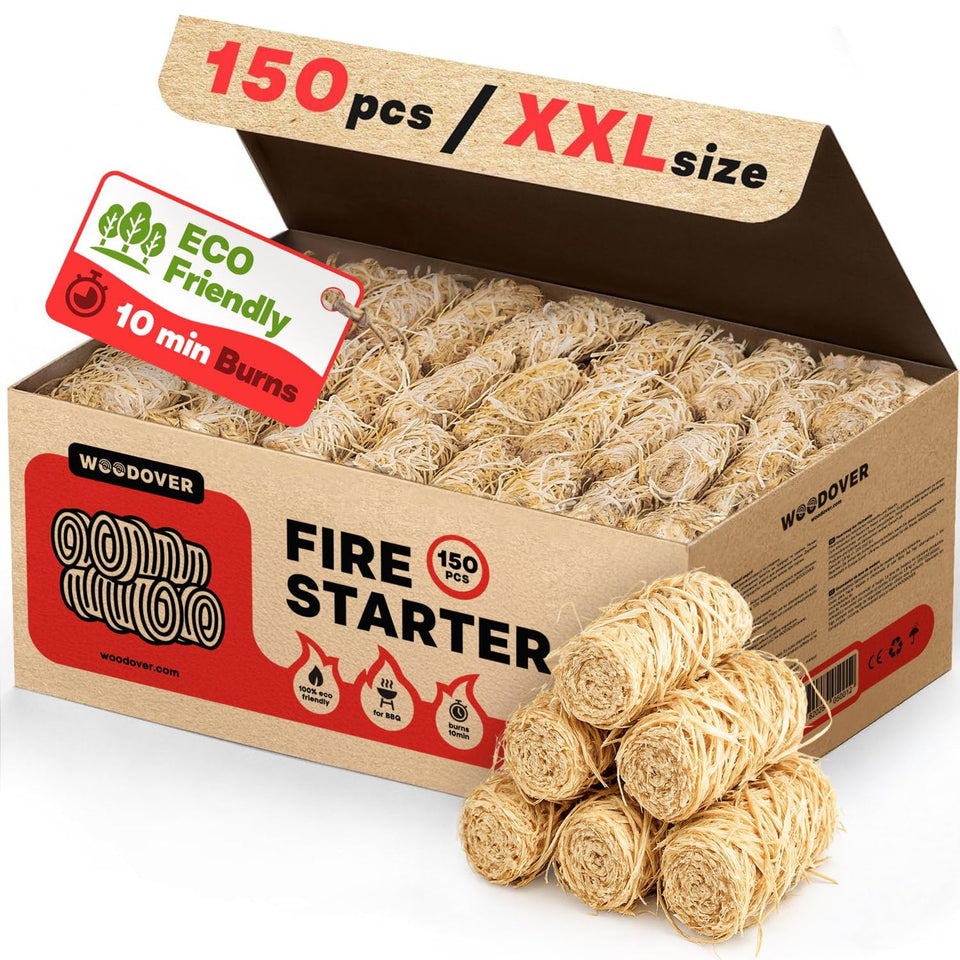 Woodover 150-pcs fire starters pack for quick, clean ignition.