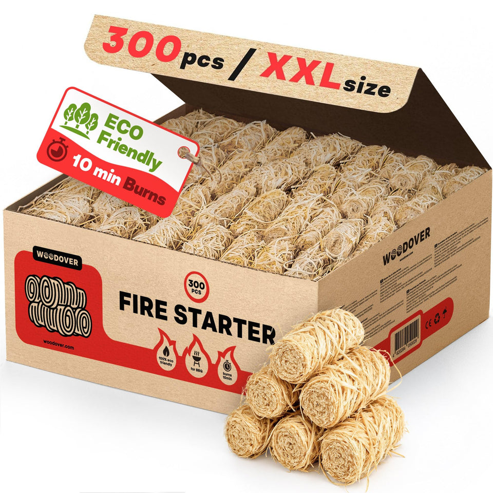 Woodover 300-pcs fire starters for fireplace provide quick, clean ignition.