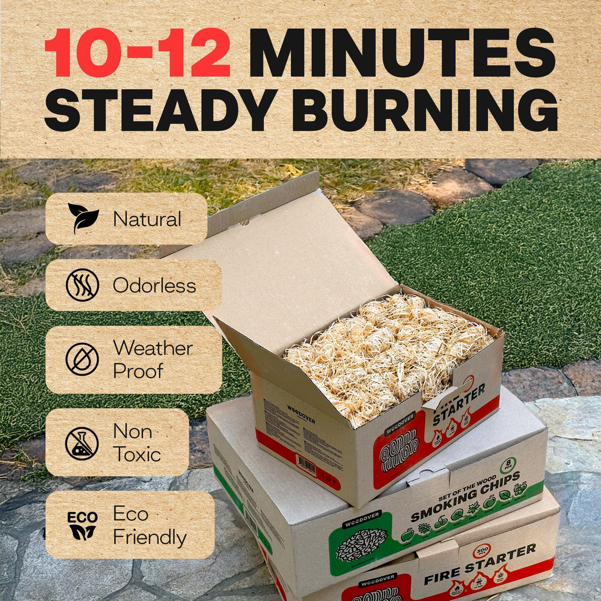Woodover fire starters light easily and sustain heat up to ten minutes.