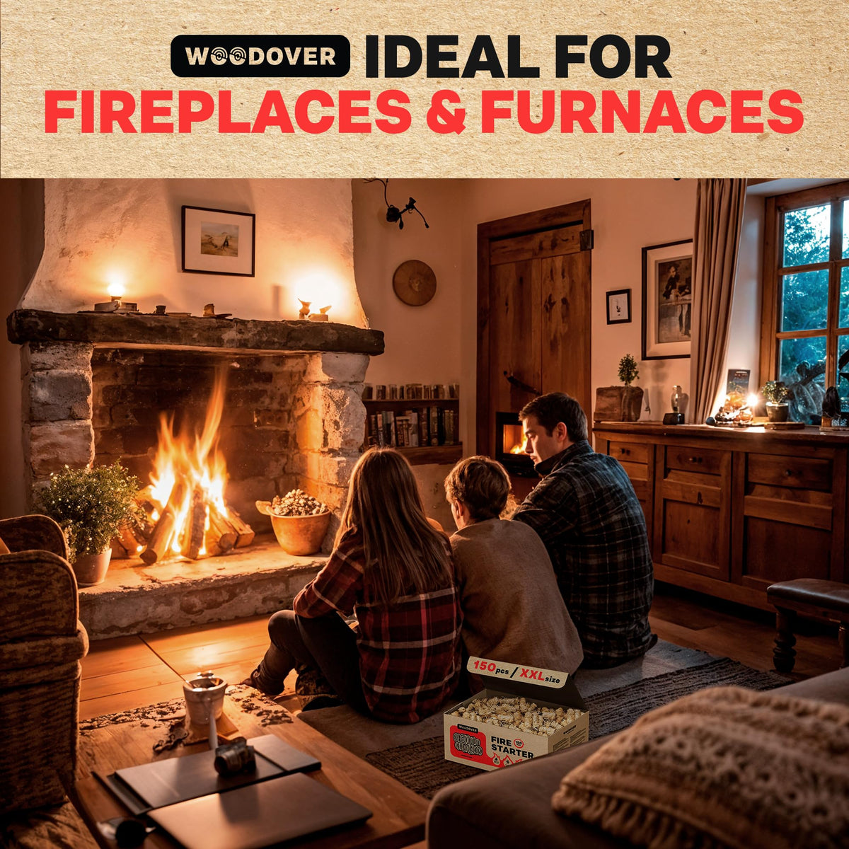 Woodover moisture-resistant fire starters pack keeps fires ready year-round.