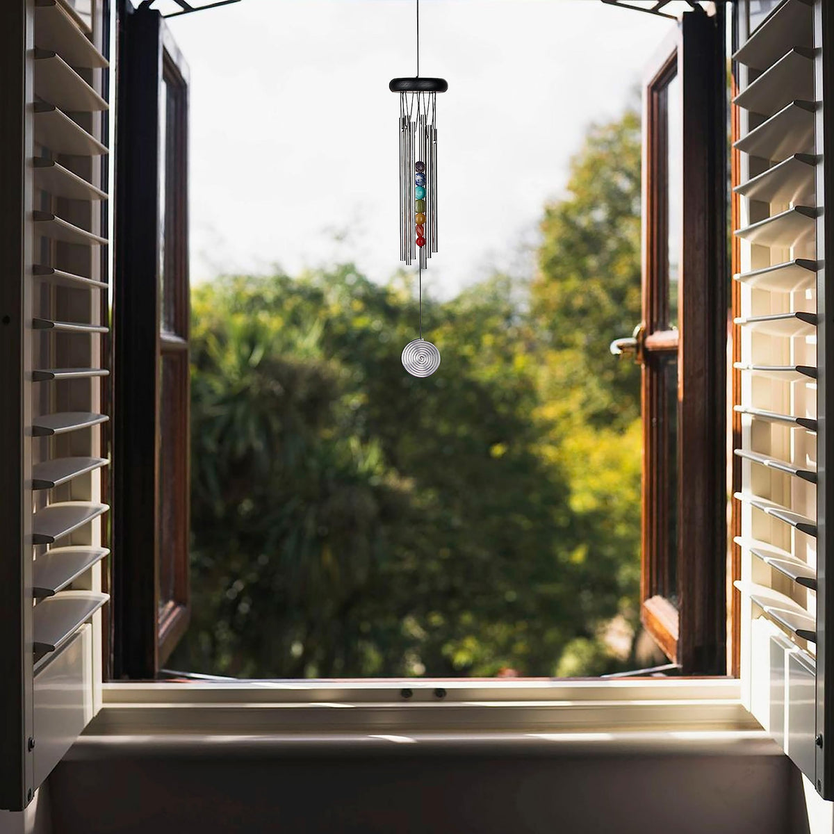 Woodstock Chakra Seven Stones chime side view showcases 17-inch design for porch or garden
