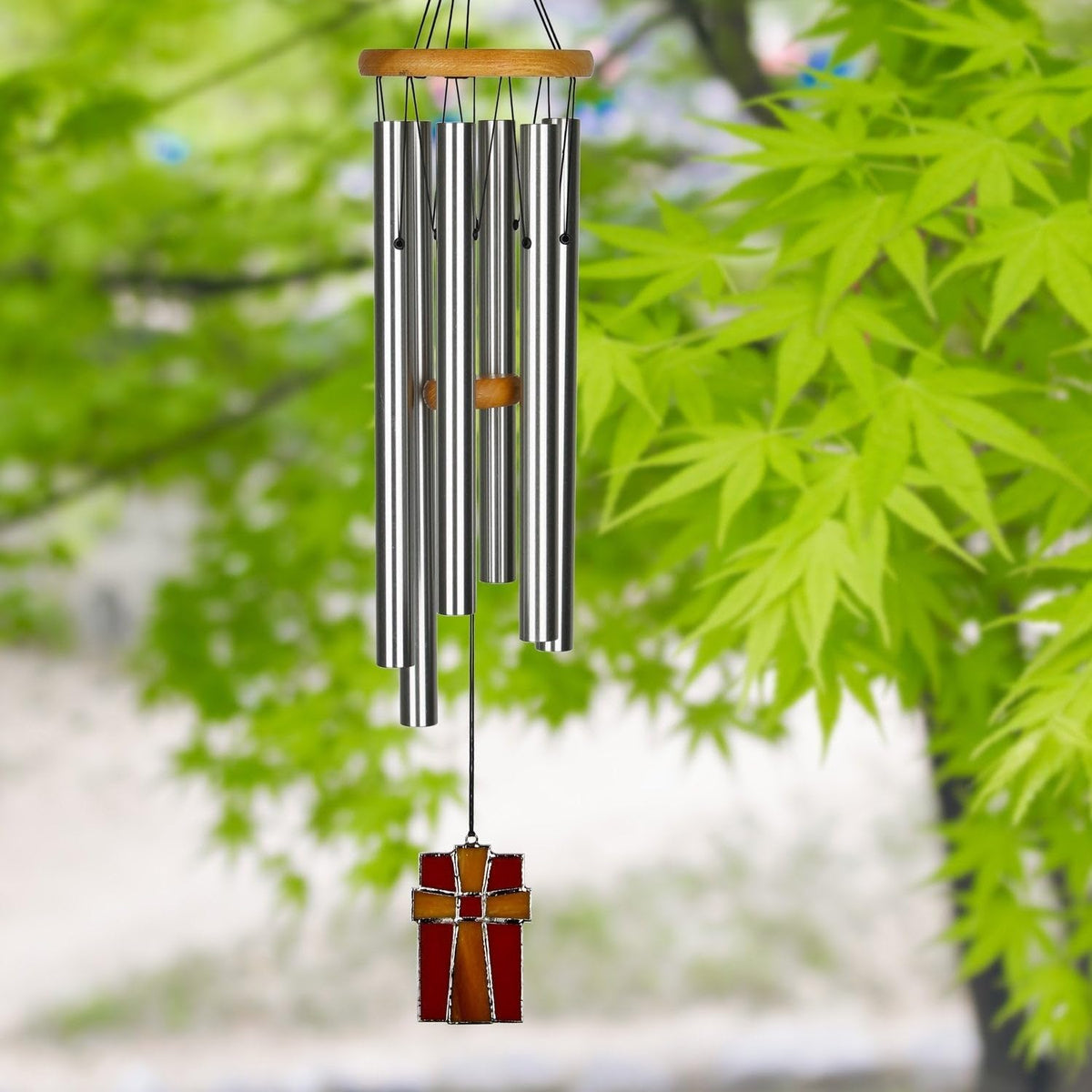 Woodstock Chimes ash wood body showcases durable, weather-resistant construction for garden spaces