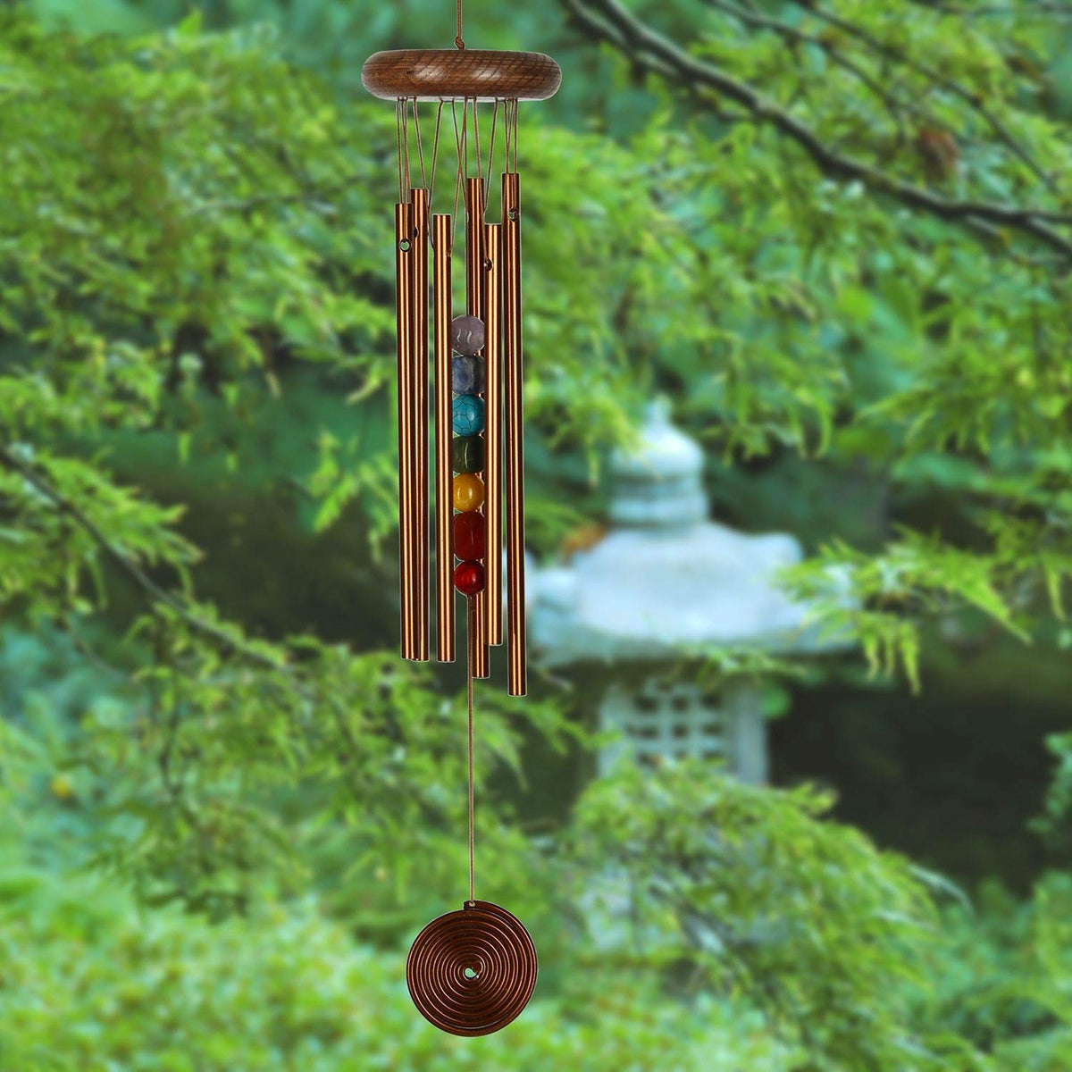 Woodstock Chimes Chakra Chime teak-ash wood with bronze rods and stone accents close-up