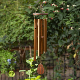 Woodstock Chimes teak-ash wood tubes deliver rich resonance in the garden