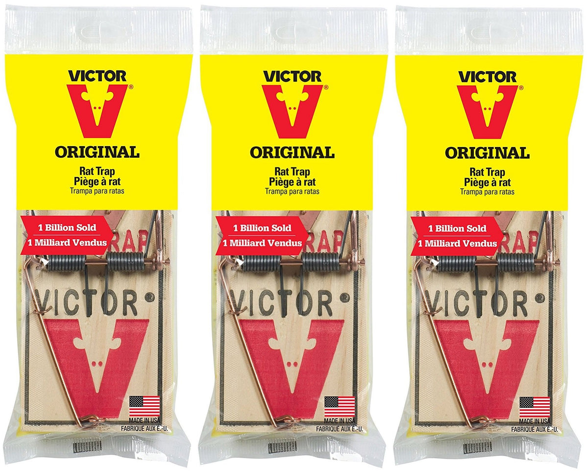 Pack of three Victor M201 traps shown ready to place along walls and corners