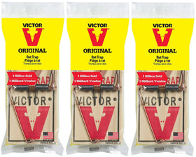 Pack of three Victor M201 traps shown ready to place along walls and corners