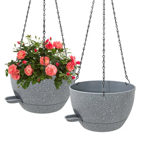 WOUSIWER self-watering planter speckled grey, front view for indoor decoration and moisture control.