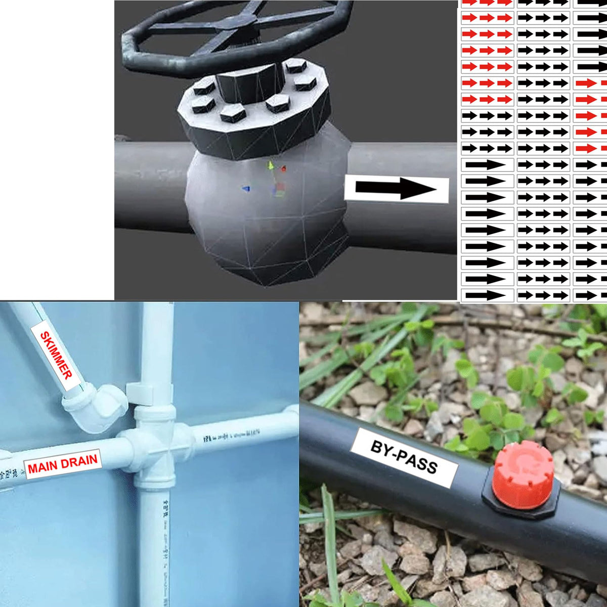 Wootile drain and pipe labels help identify plumbing components at a glance.