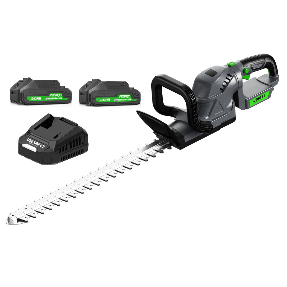 WORFCI 20-inch cordless hedge trimmer blade closeup for precise shaping.