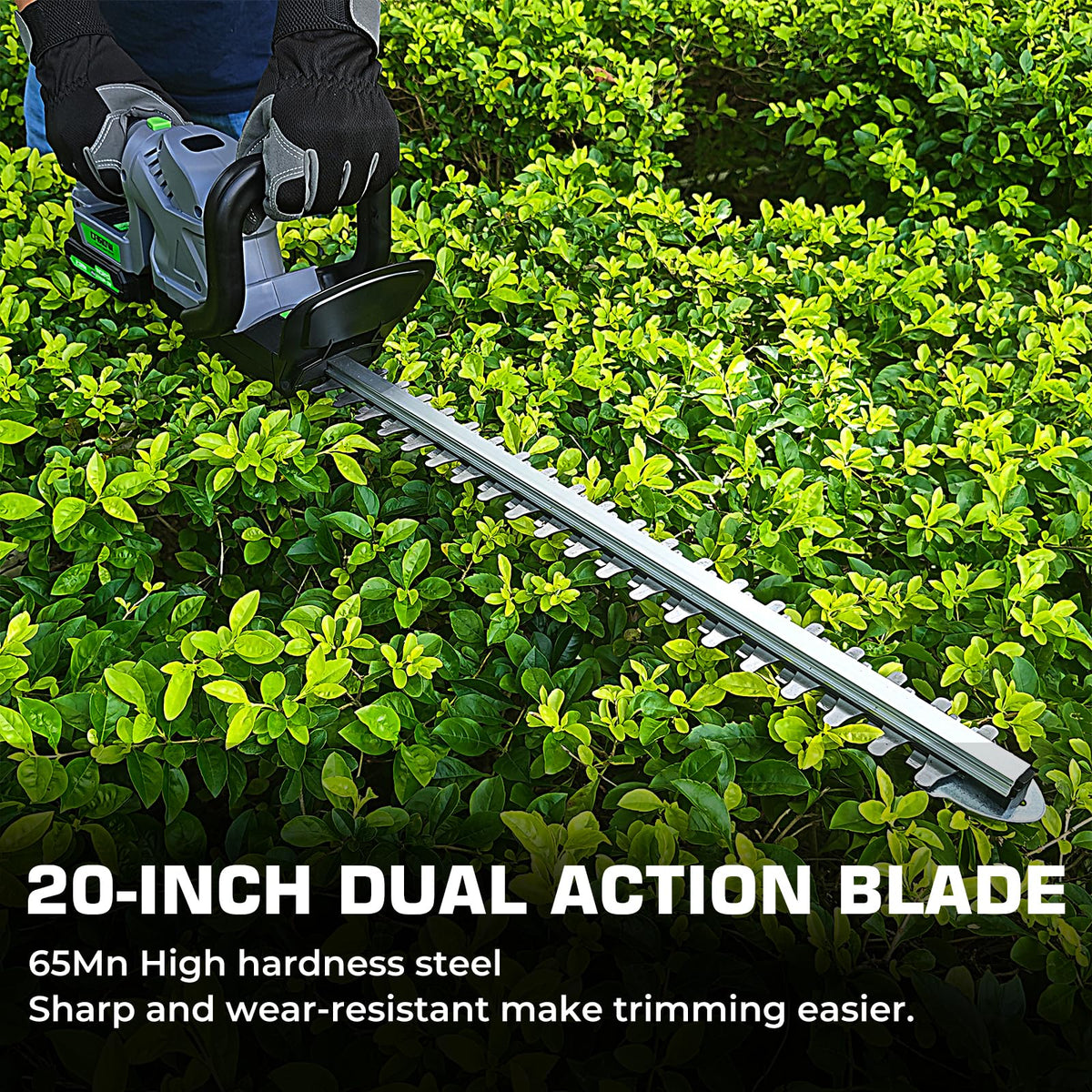 WORFCI hedge trimmer cutting action for efficient pruning.