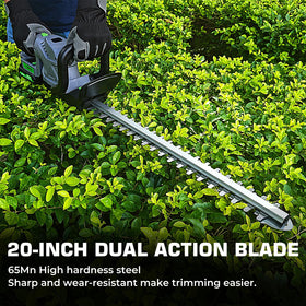 WORFCI hedge trimmer cutting action for efficient pruning.