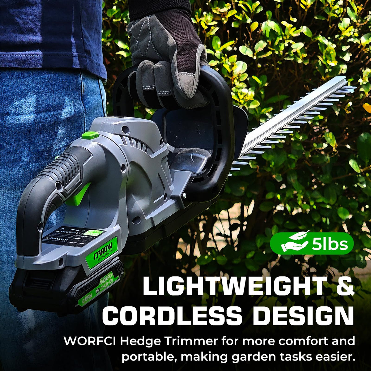 WORFCI hedge trimmer lightweight design reduces user fatigue.