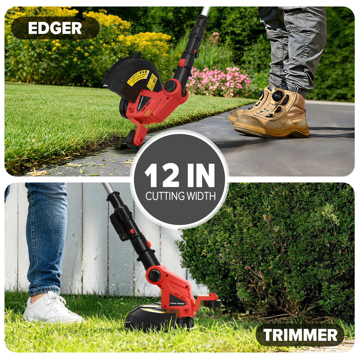 Worklife weed wacker adjustable head 0-90 degrees reaches tight spots effectively.