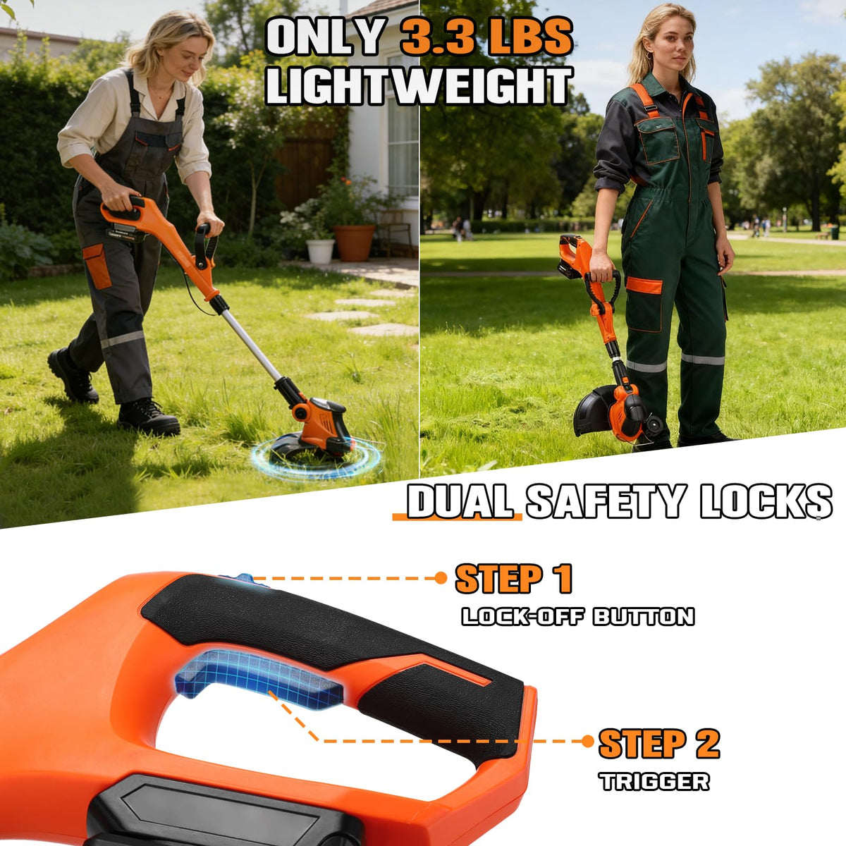 WorkNeon 90-degree rotatable head for precise edging along borders