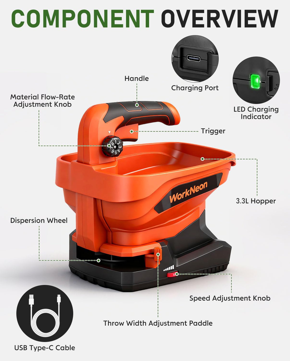 WorkNeon spreader with eight settings enables precise seed or salt application.