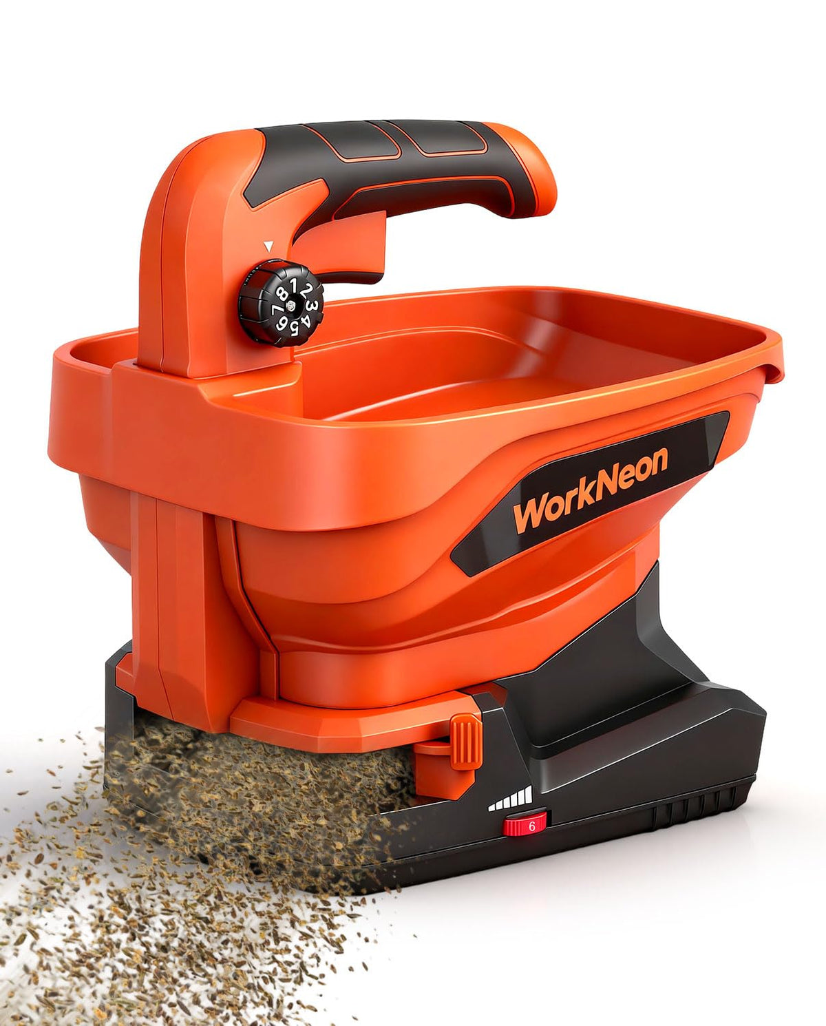 WorkNeon seed spreader hopper shows a 3.3L capacity for efficient lawn seeding.