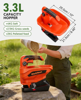 WorkNeon compact spreader ideal for lawn and garden tasks.