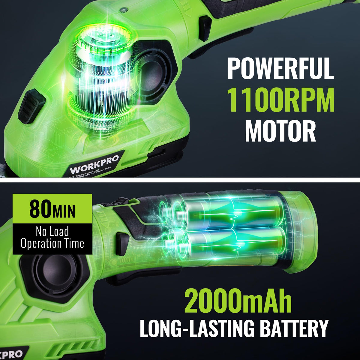WORKPRO 1100rpm no-load speed delivers steady power for trimming and pruning tasks.