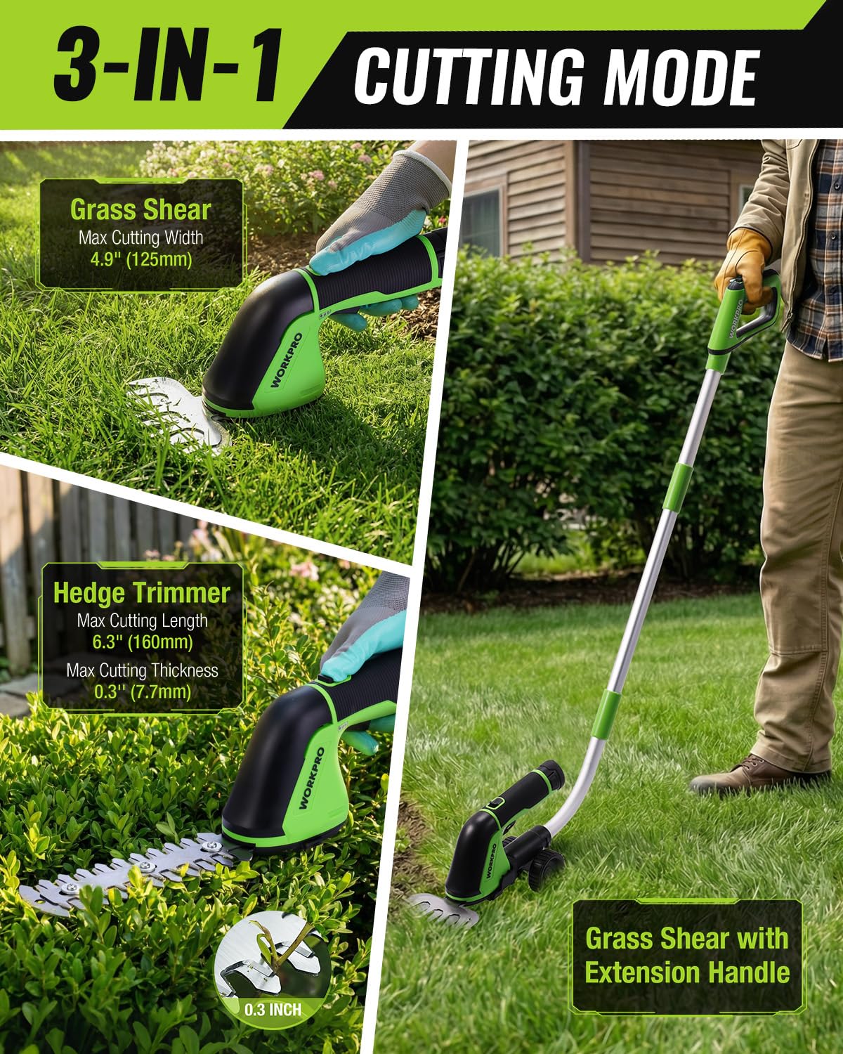 WORKPRO hedge blade and grass blade illustrate the tool's 2-in-1 versatility.