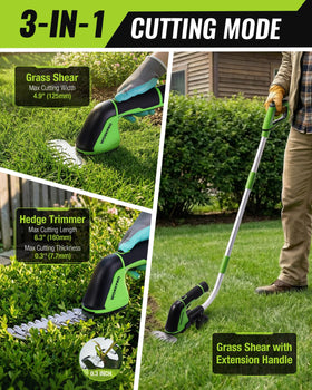 WORKPRO hedge blade and grass blade illustrate the tool's 2-in-1 versatility.