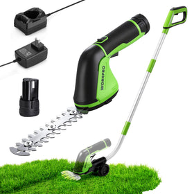 WORKPRO 12V cordless grass shear overview showing versatile hedges and lawn trimming.