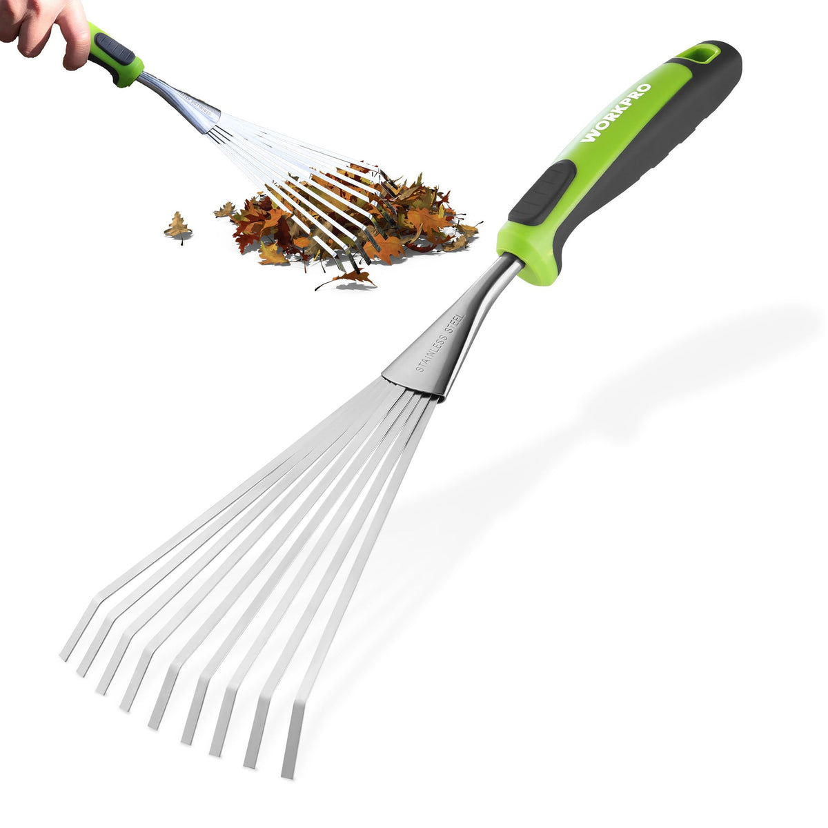 WORKPRO 16-inch hand rake with a compact design for precise work in tight spaces.