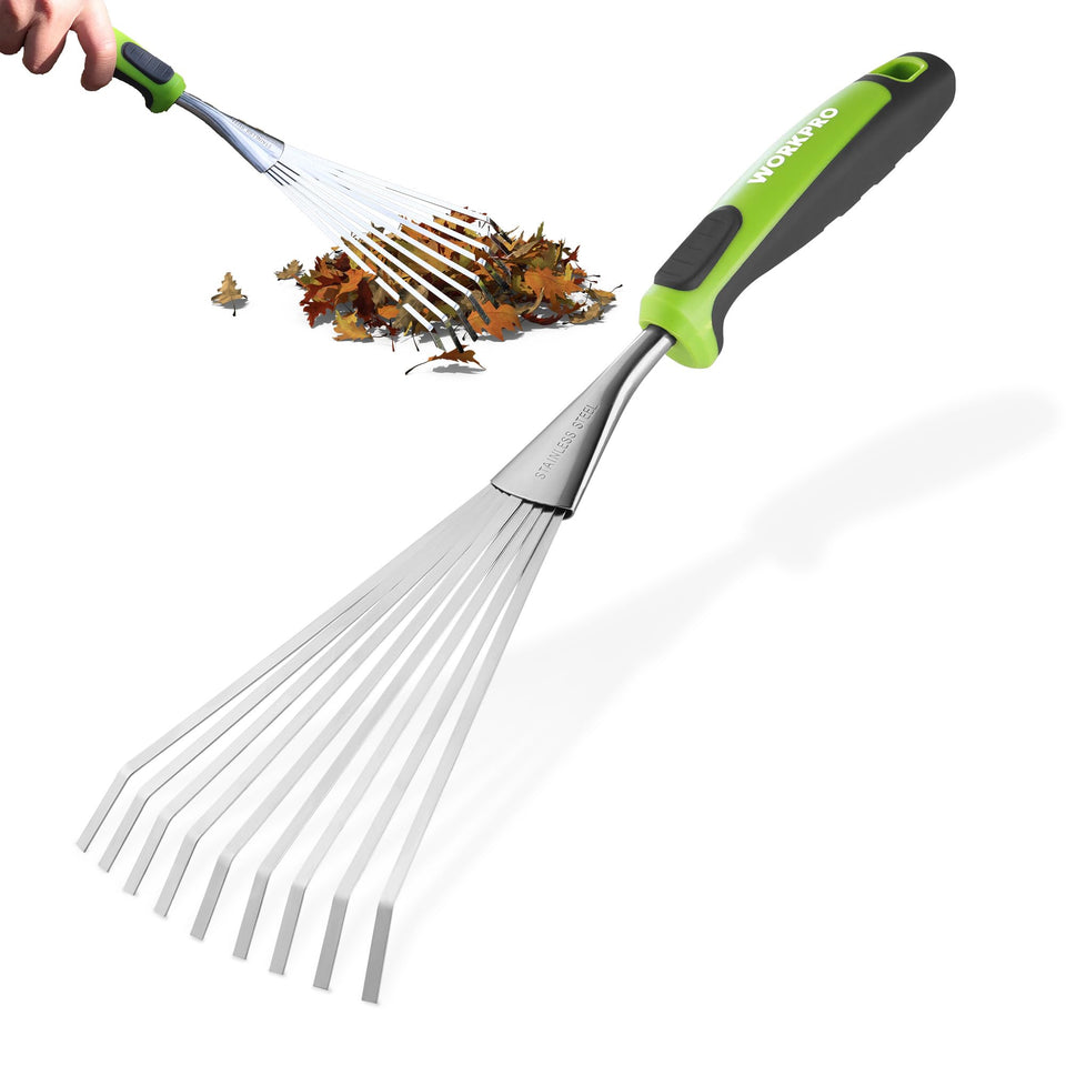 WORKPRO 16-inch hand rake with a compact design for precise work in tight spaces.