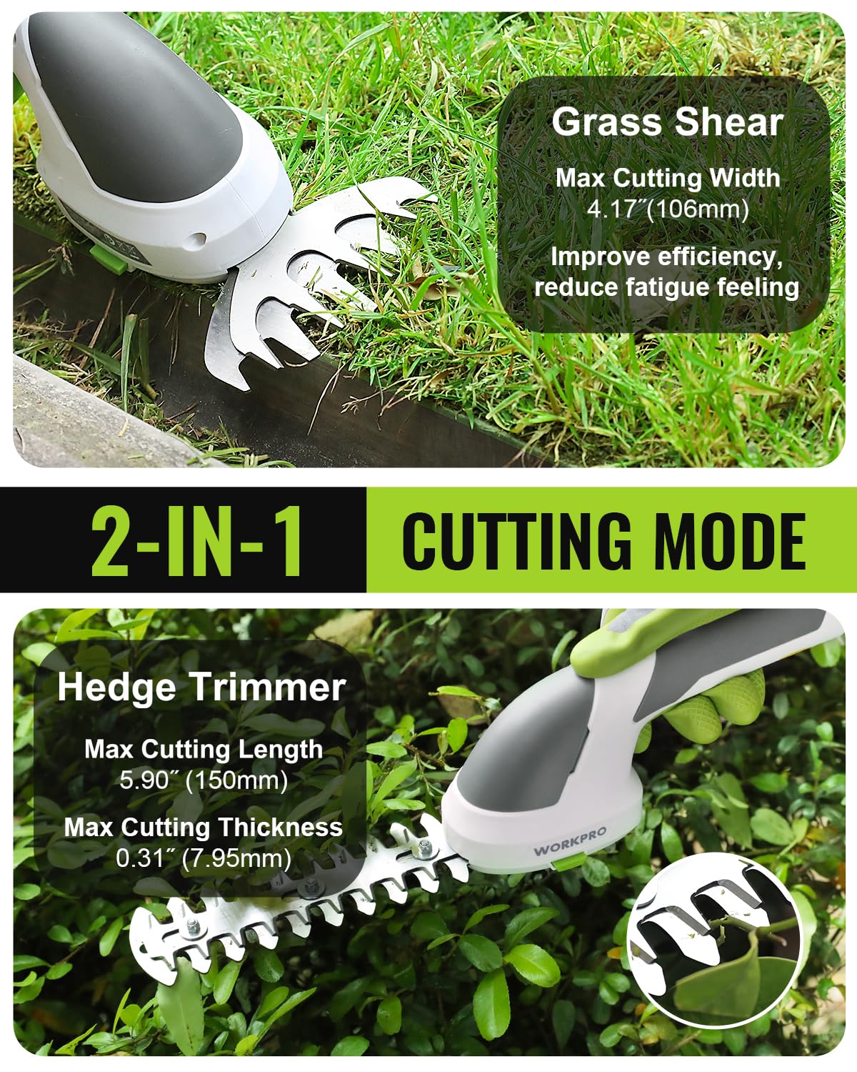 WORKPRO 2-in-1 design enables quick hedge and grass switching.